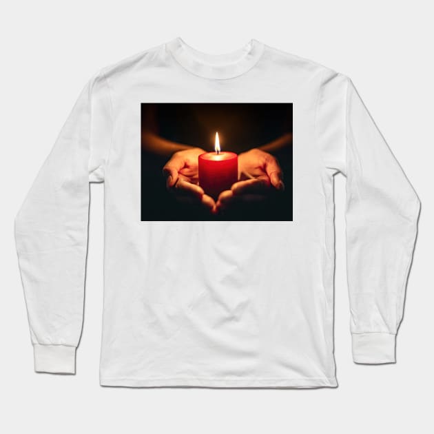 Small red candle burning held in hands on black background generative ai Long Sleeve T-Shirt by clearviewstock